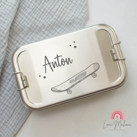 Brotdose aus Edelstahl mit Namen Personalisiert, Motiv Skateboard