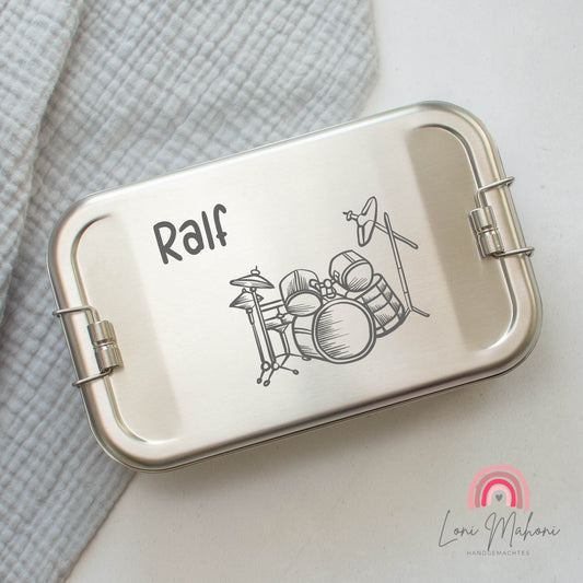 Brotdose aus Edelstahl mit Namen Personalisiert, Motiv Schlagzeug
