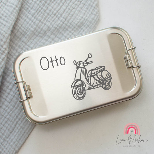 Brotdose aus Edelstahl mit Namen Personalisiert, Motiv Motorroller