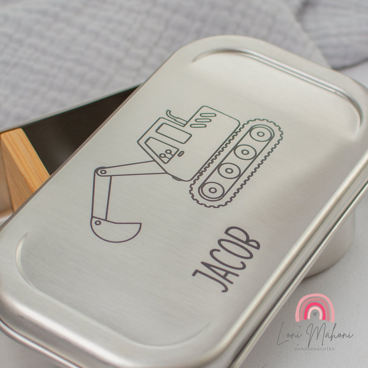 Brotdose aus Edelstahl mit Namen Personalisiert, Motiv Bagger