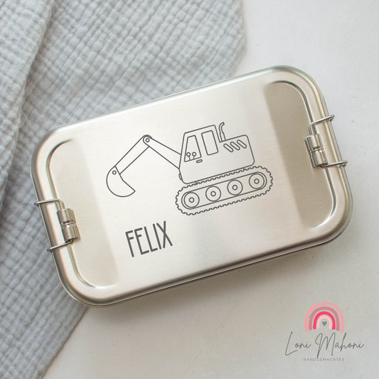 Brotdose aus Edelstahl mit Namen Personalisiert, Motiv Bagger