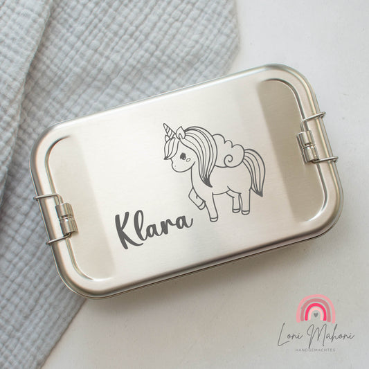Brotdose aus Edelstahl mit Namen Personalisiert, Motiv Einhorn