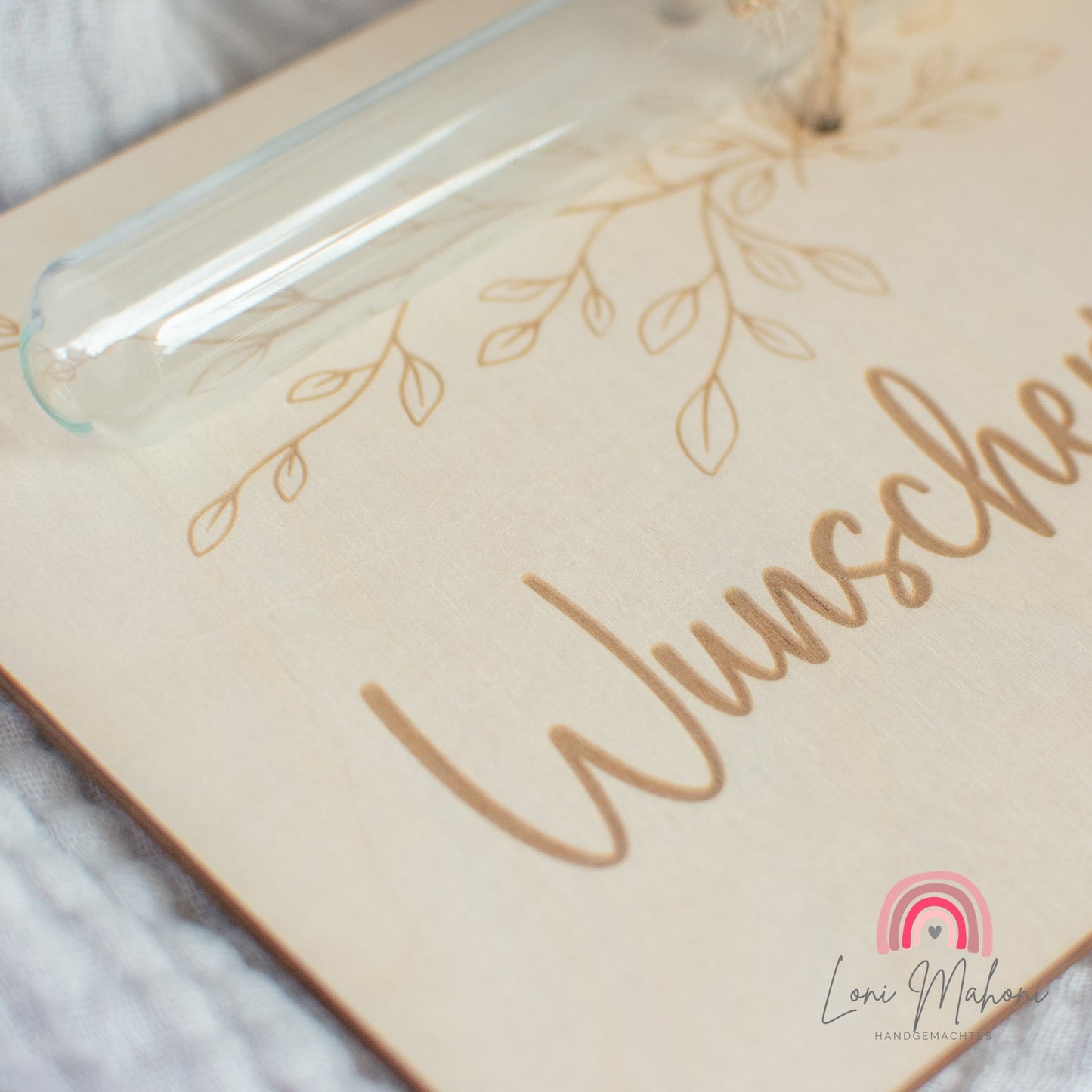 Geldgeschenk Karte aus Holz mit Reagenzglas für Geld, Motiv Zweig Wunscherfüller für Euch