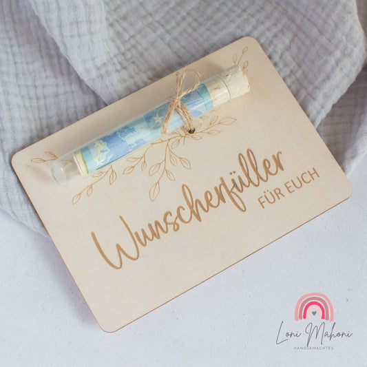 Geldgeschenk Karte aus Holz mit Reagenzglas für Geld, Motiv Zweig Wunscherfüller für Euch