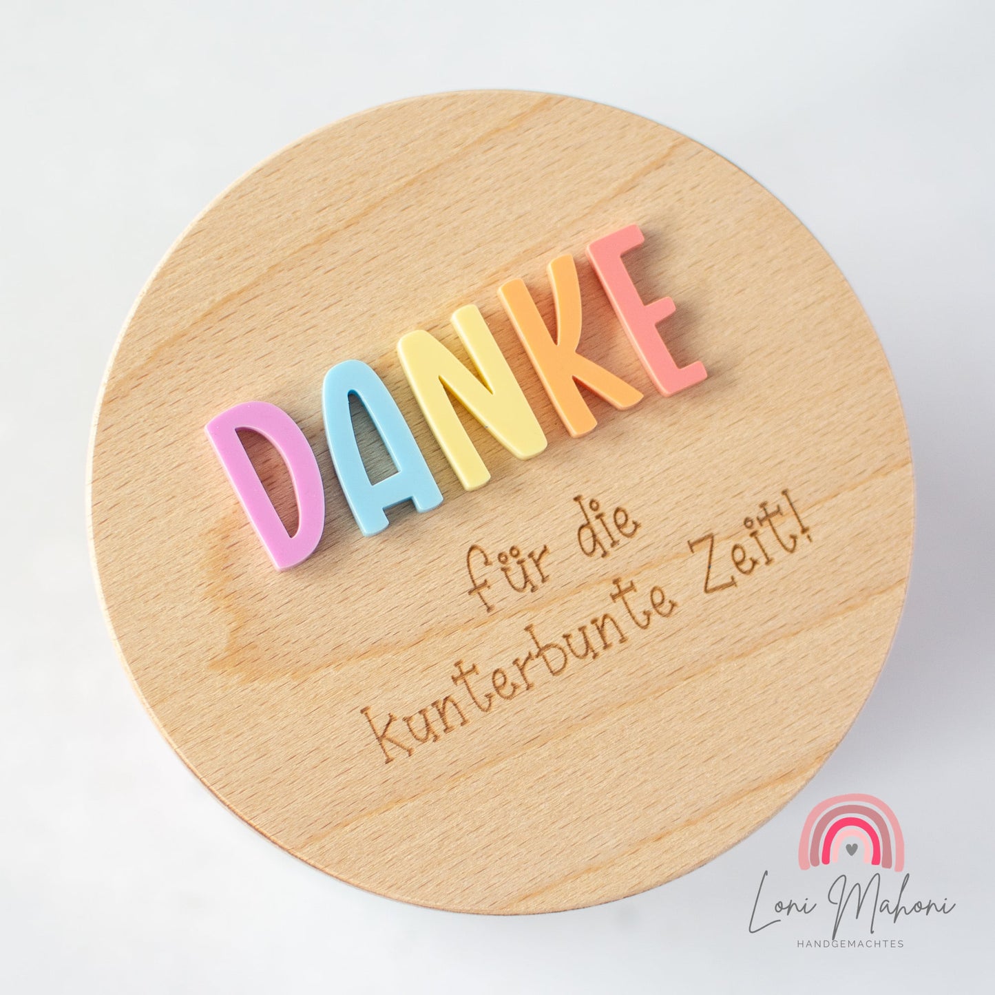 Personalisierbares Vorratsglas mit Holzdeckel, Danke für die kunterbunte Zeit