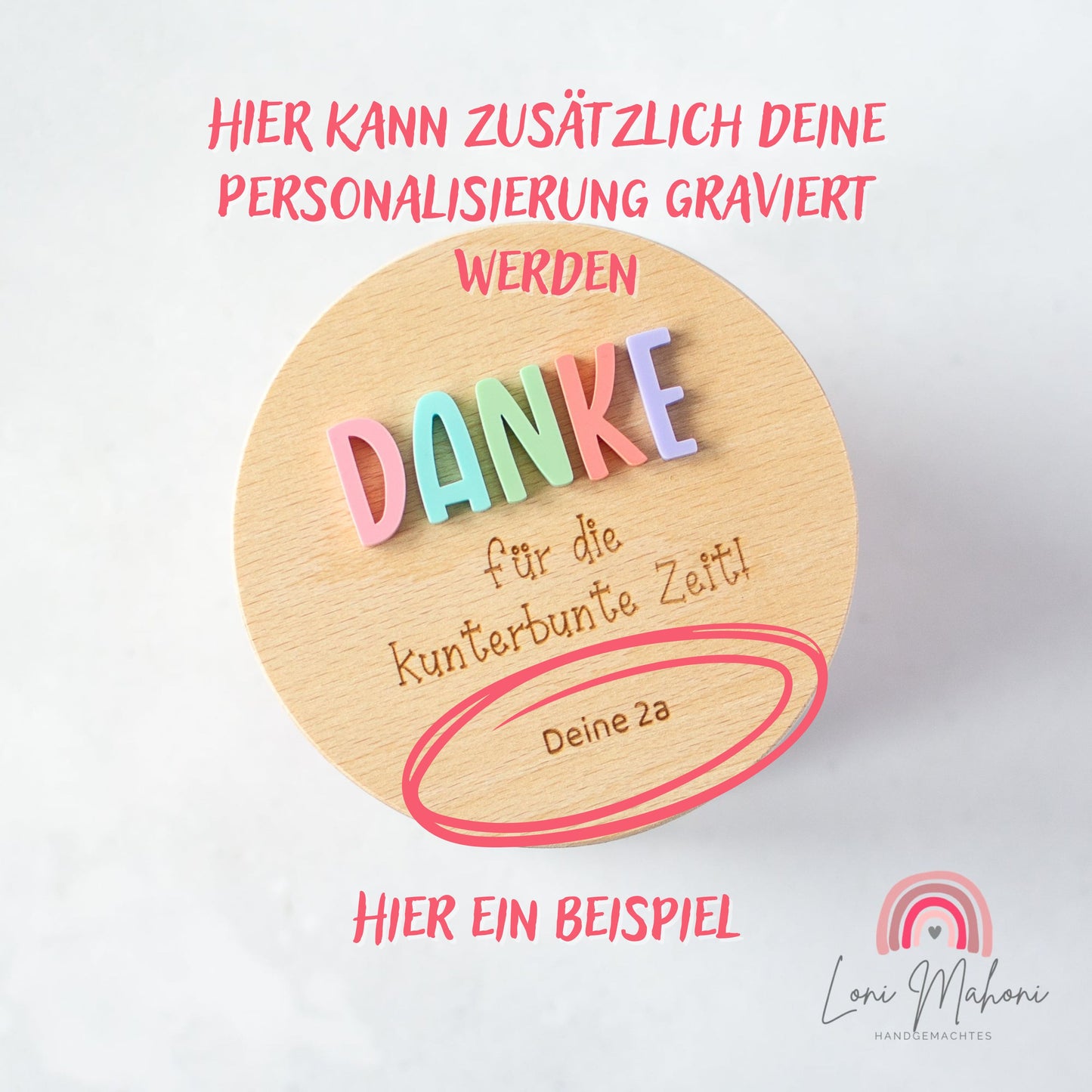 Personalisierbares Vorratsglas mit Holzdeckel, Danke für die kunterbunte Zeit