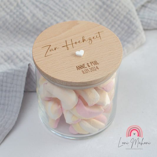 Hochzeitsgeschenk personalisierbar, personalisiertes Vorratsglas mit Holzdeckel, ideal als Geldgeschenk zur Hochzeit
