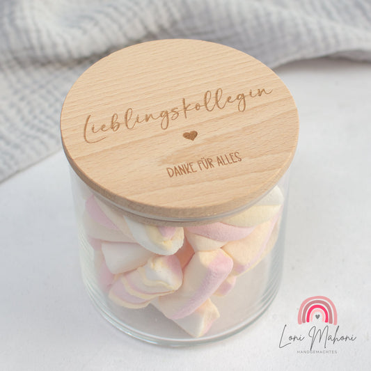 Geschenk für Kollegin, "Lieblingskollegin", personalisiertes Vorratsglas mit Holzdeckel