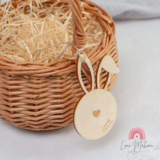 Osterkorb für Kinder mit personalisiertem Osteranhänger, Motiv Osterhase mit Herz