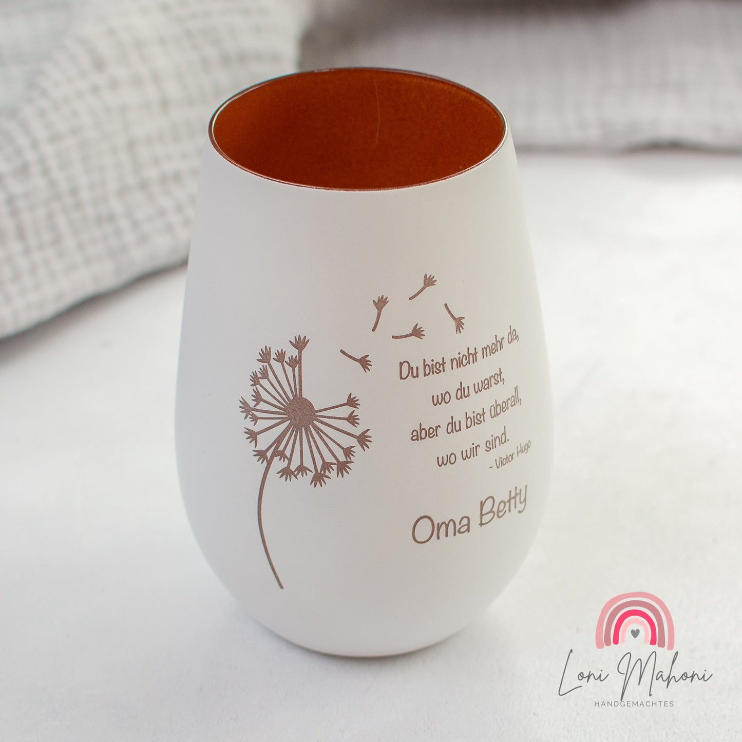 Windlicht zur Erinnerung mit Motiv Pusteblume und Personalisierung