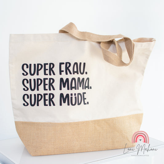 Jute Shoppingtasche XL "Super Mama"