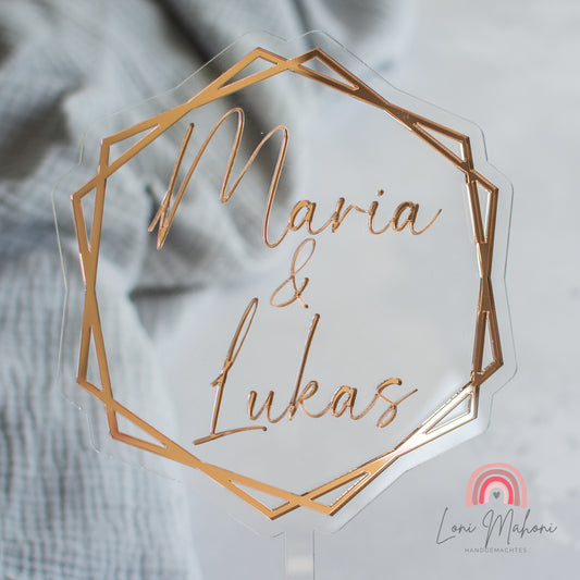 Cake Topper Hochzeit, Acryl, 2-lagig, personalisiert, Hexagon
