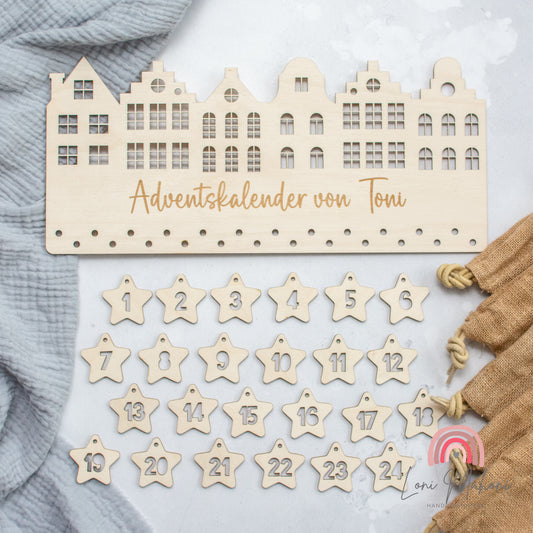 Adventskalender, personalisiert, nachhaltig aus Holz, Motiv Grachtenhäuser