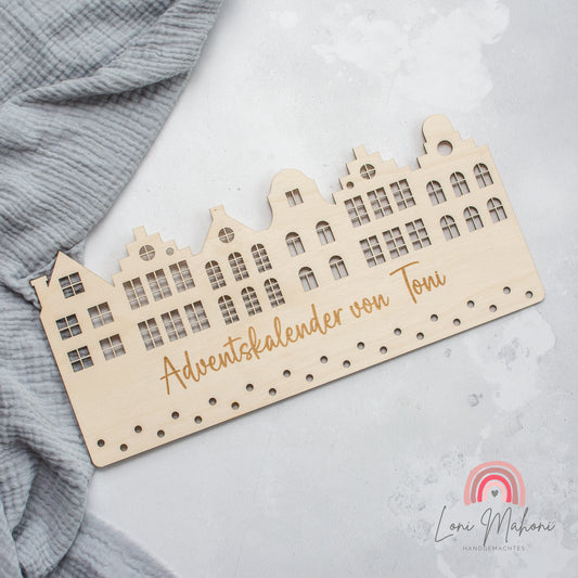 Adventskalender, personalisiert, nachhaltig aus Holz, Motiv Grachtenhäuser