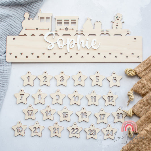 Adventskalender, personalisiert, wiederverwendbar aus Holz, Motiv Weihnachtsexpress