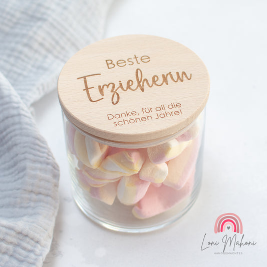 Vorratsglas mit Holzdeckel, personalisierbar, Motiv: Beste Erzieherin / Beste Lehrerin / Beste Hebamme