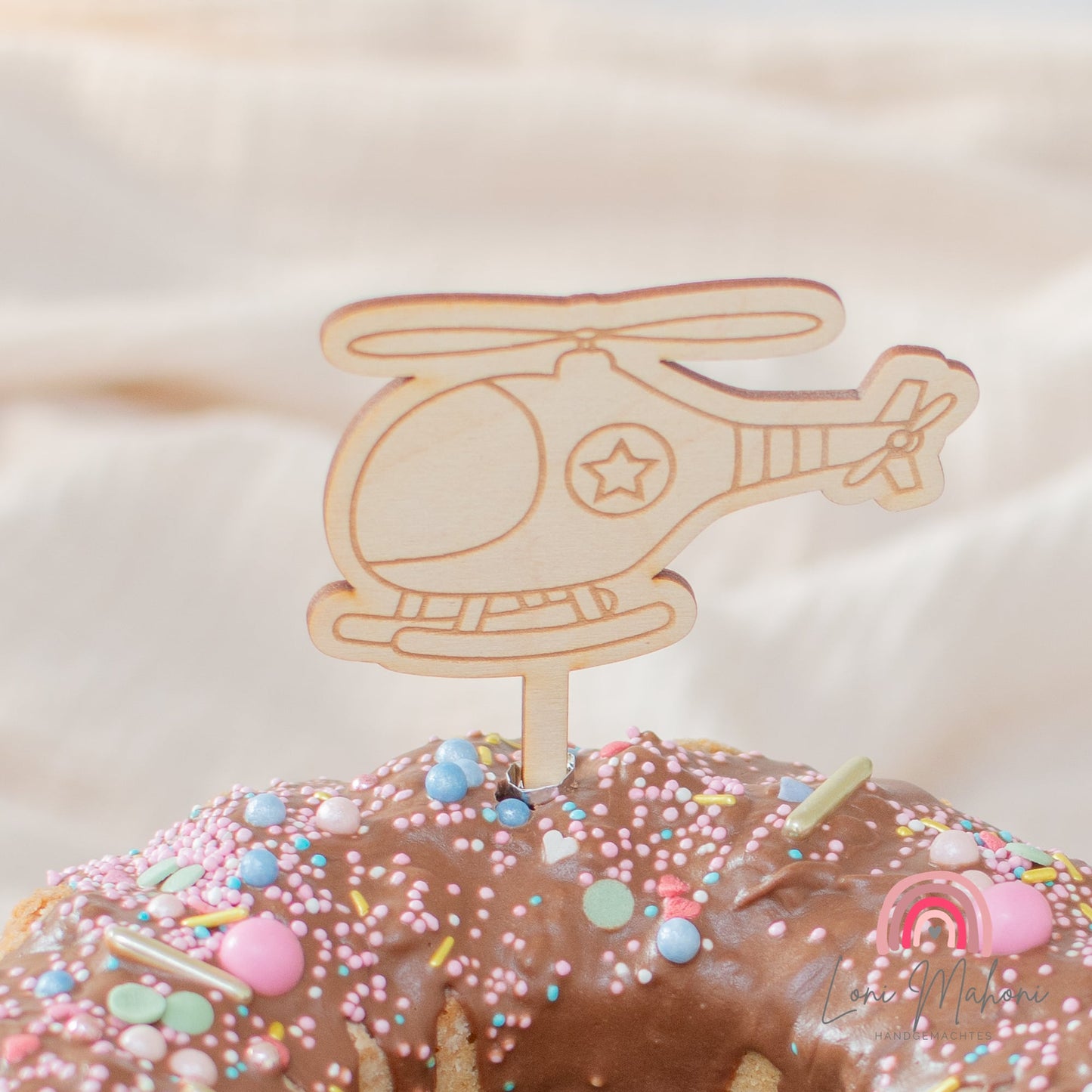 Helikopter / Hubschrauber Cake Topper aus Holz mit Lasergravur für Kindergeburtstag