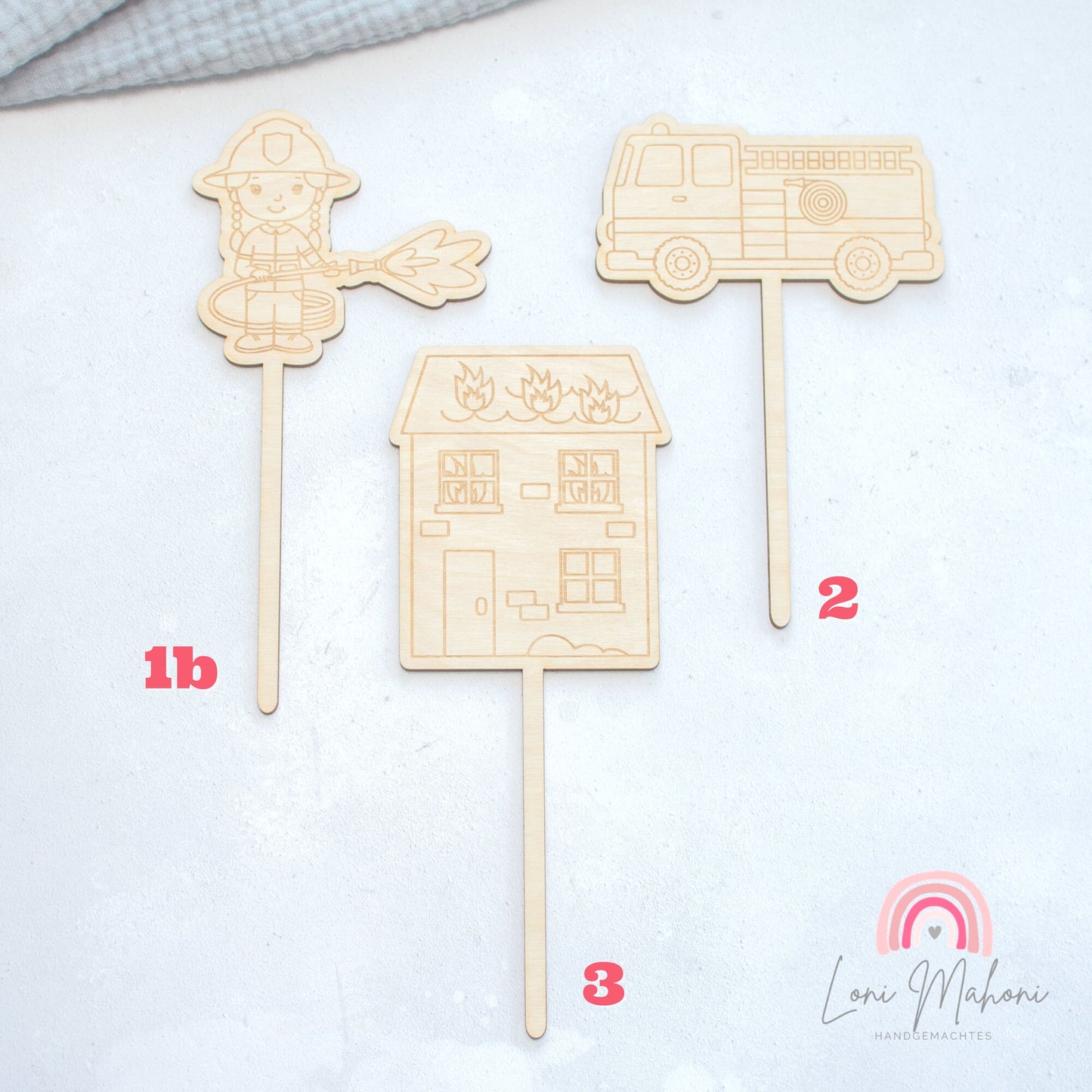 Feuerwehr & Feuerwehrauto Cake Topper aus Holz mit Lasergravur