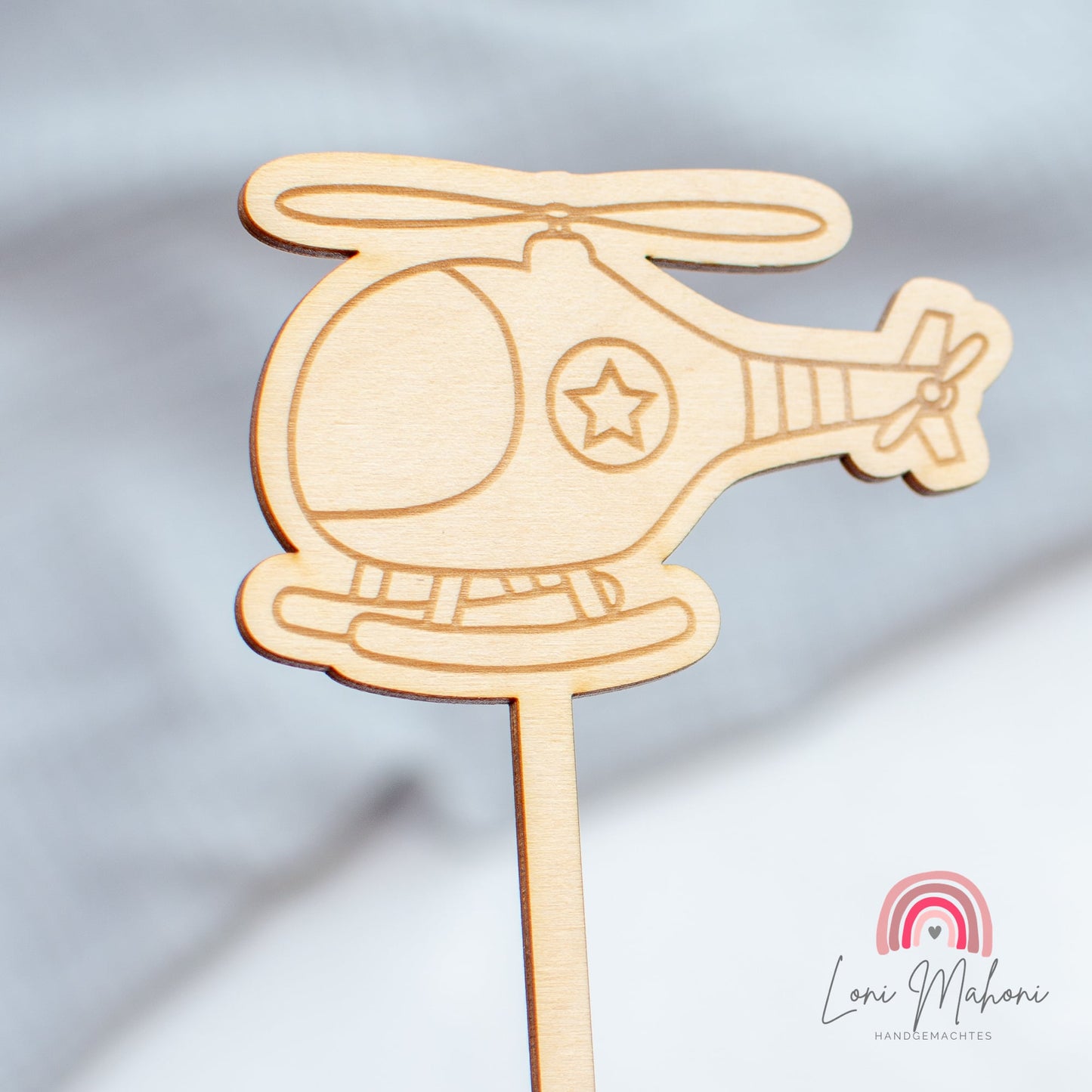 Helikopter / Hubschrauber Cake Topper aus Holz mit Lasergravur für Kindergeburtstag