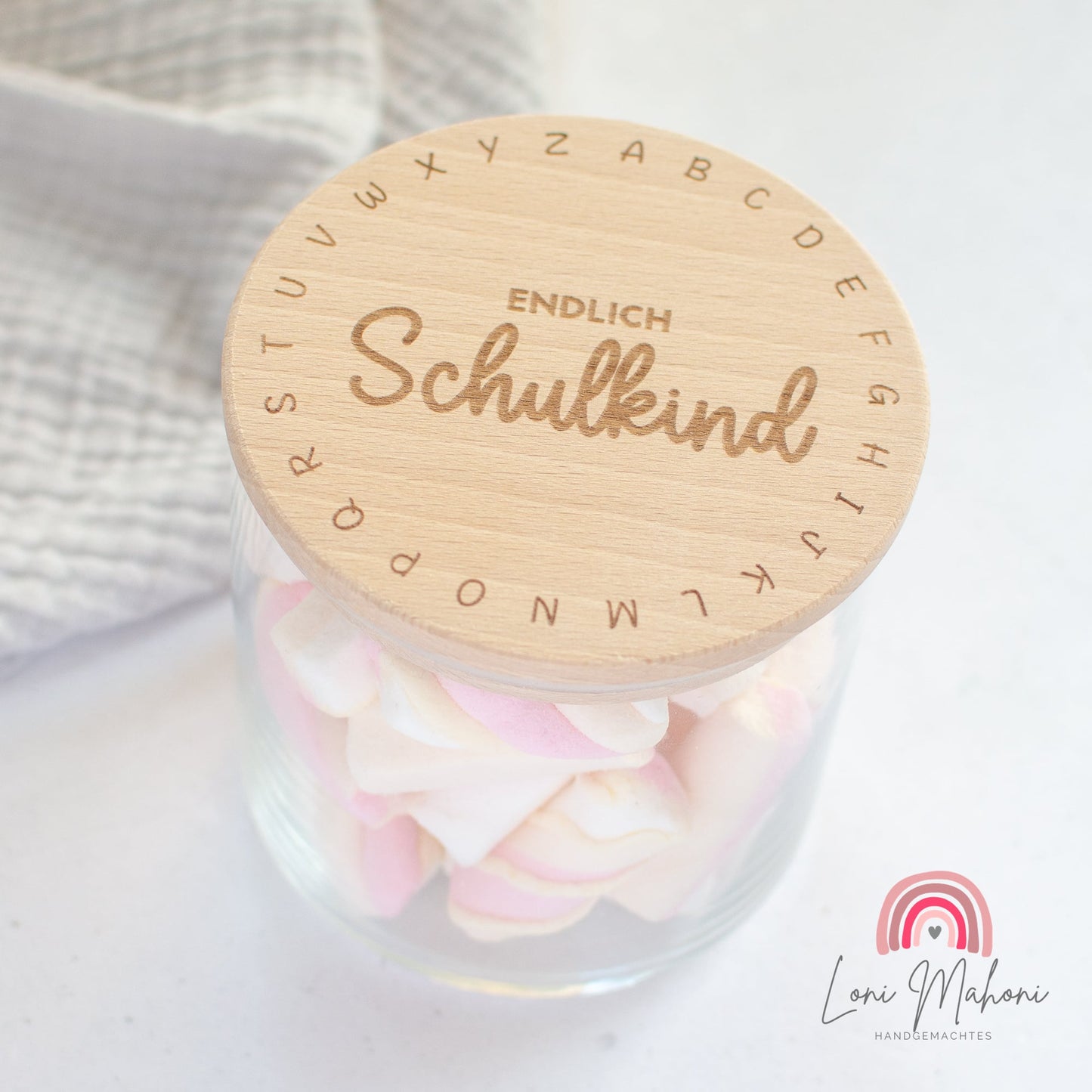 Personalisierbares Vorratsglas mit Holzdeckel, Geschenk zur Einschulung