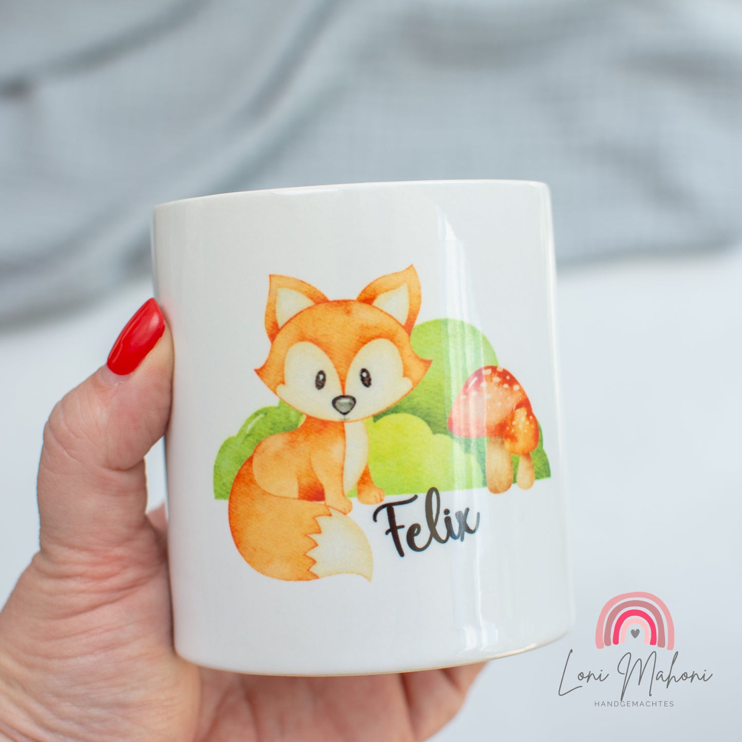 Spardose aus Keramik, personalisiert mit Namen, als Geschenk für Kinder, Motiv Fuchs