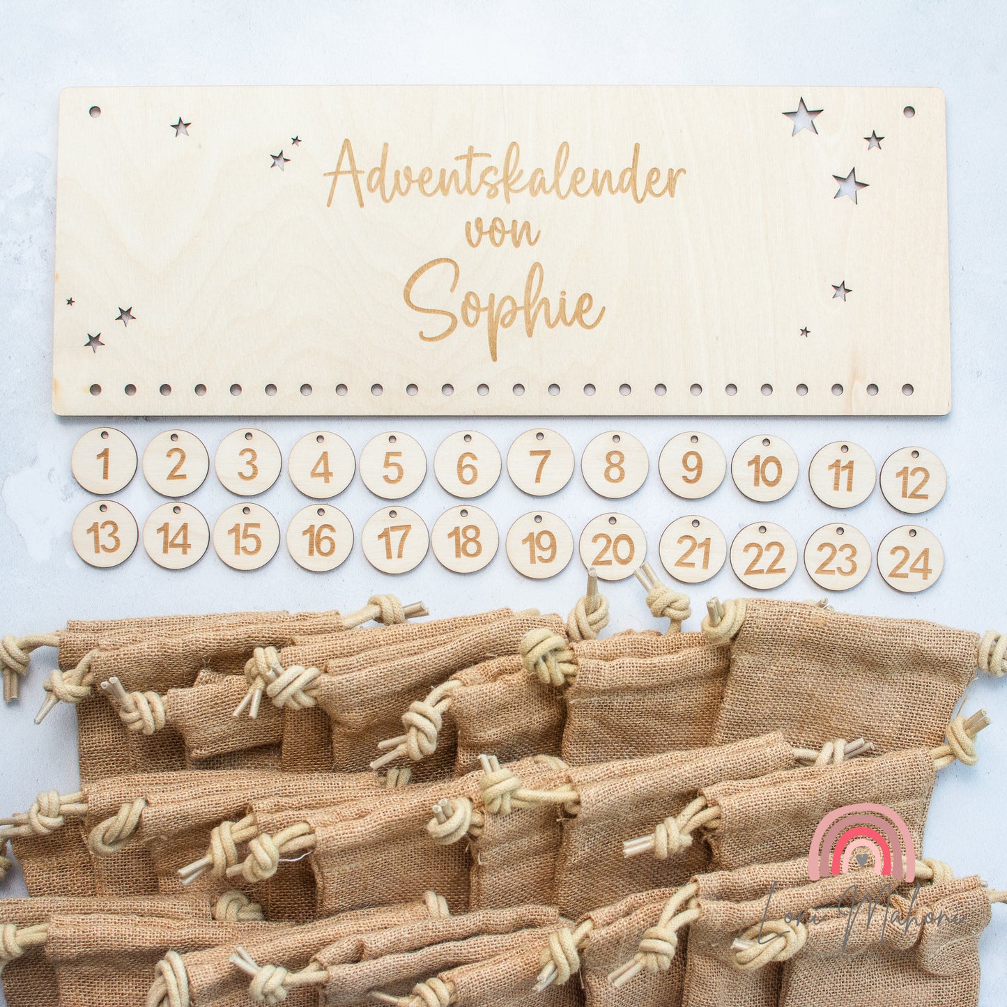 Adventskalender, personalisiert, nachhaltig aus Holz, Motiv Sterne